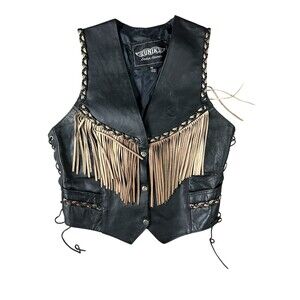 Vintage UNIK Leather Black Vest Brown Fringe Harley Patch Moto Biker  Size M